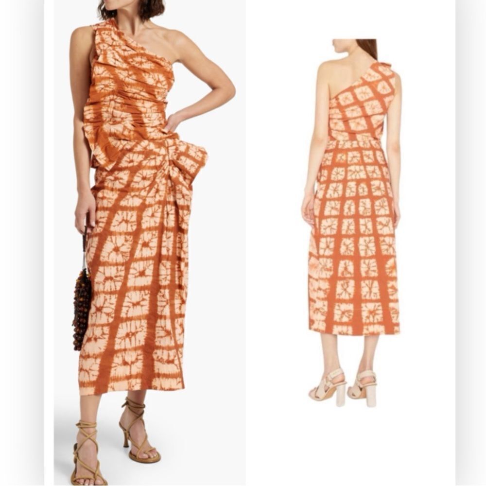 Ulla Johnson Senta One-Shoulder Tie Dye Shibori Ruffle Top Sequoia $420